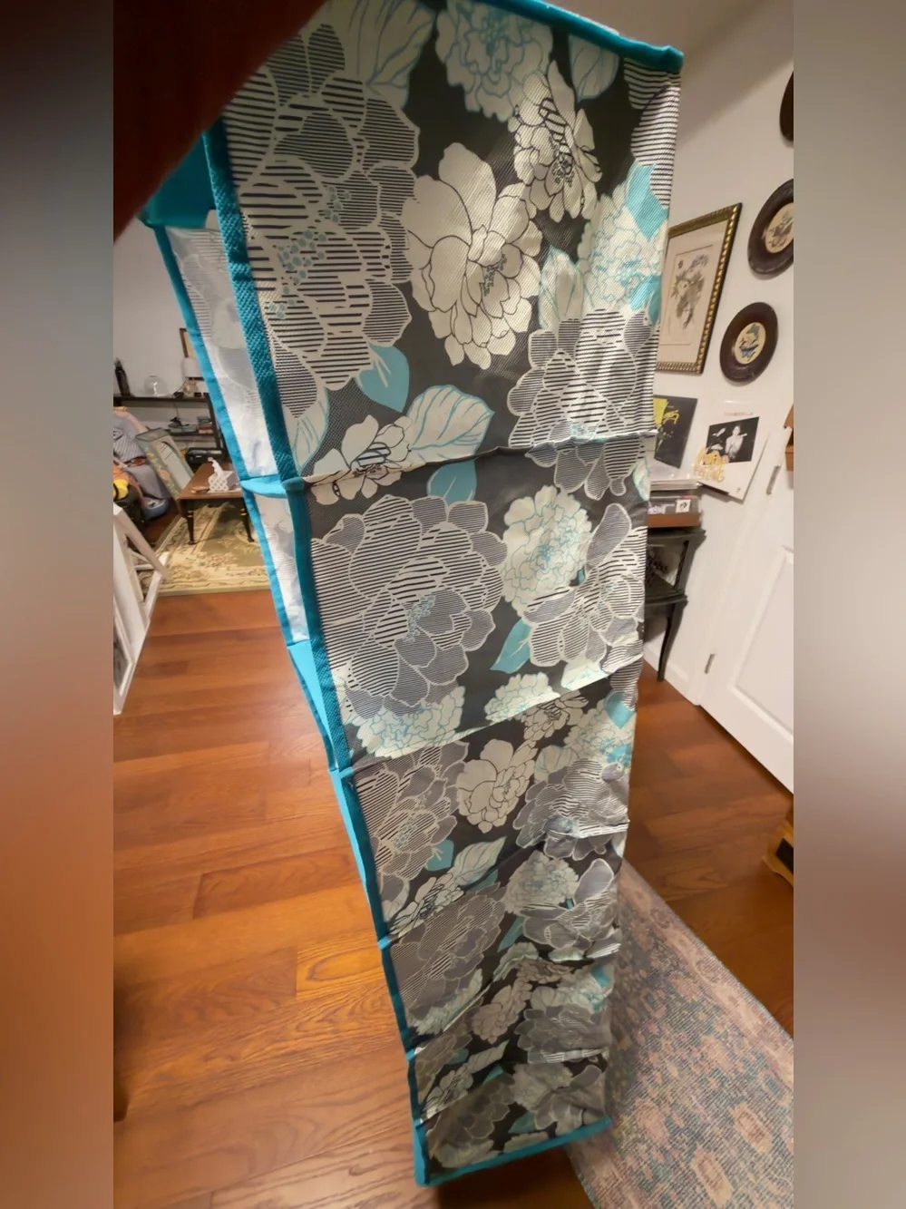 Turquoise Floral Fabric 6-Compartment Hanging Closet Organizer- Teen/Dorm/Home